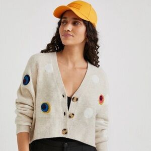 Desigual Beige Cardigan with White and Embroidered Polka Dots